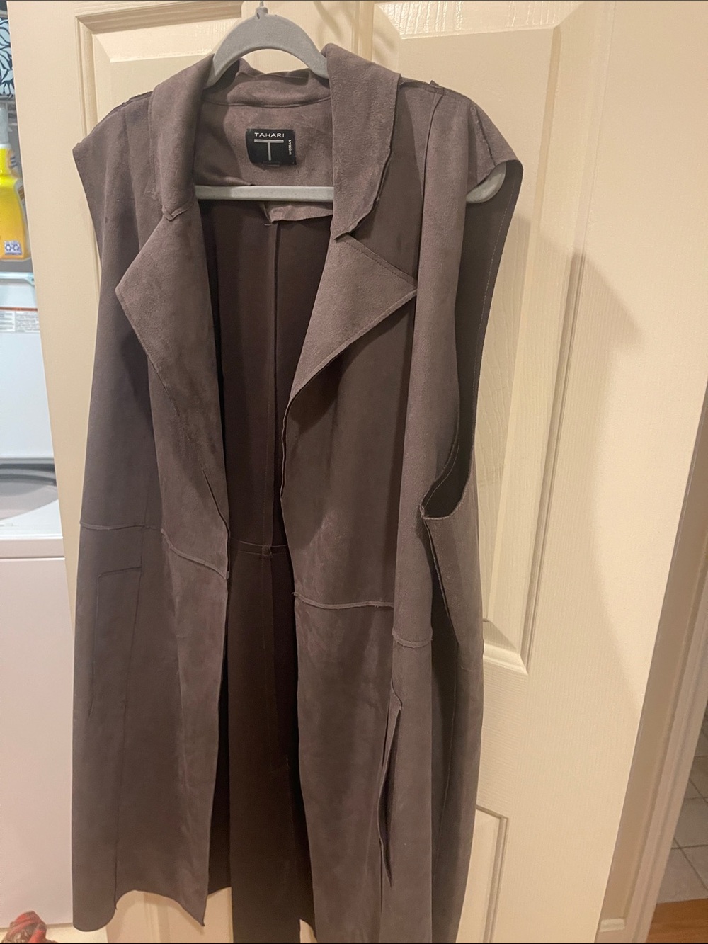 Oversized Sleeveless Suede Coat - Grayish green